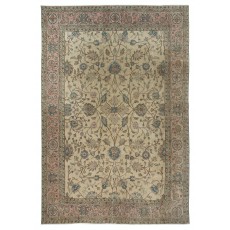 Hand Knotted Turkish Area Rug with Floral Design and Beige Field, Vintage Large Carpet