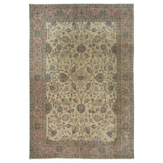Hand Knotted Turkish Area Rug with Floral Design and Beige Field, Vintage Large Carpet