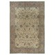 Hand Knotted Turkish Area Rug with Floral Design and Beige Field, Vintage Large Carpet