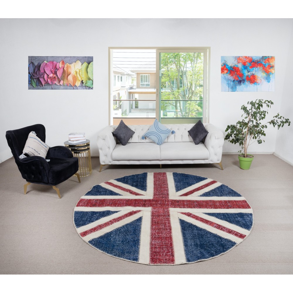 Round Handmade Patchwork Rug in Dark Blue, Red & Beige. Union Jack British Flag Design Carpet. Circle Wall Hanging