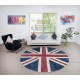 Round Handmade Patchwork Rug in Dark Blue, Red & Beige. Union Jack British Flag Design Carpet. Circle Wall Hanging