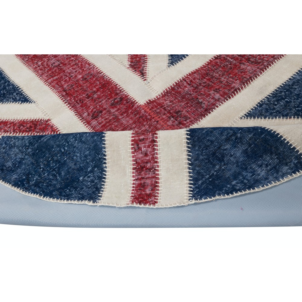 Round Handmade Patchwork Rug in Dark Blue, Red & Beige. Union Jack British Flag Design Carpet. Circle Wall Hanging