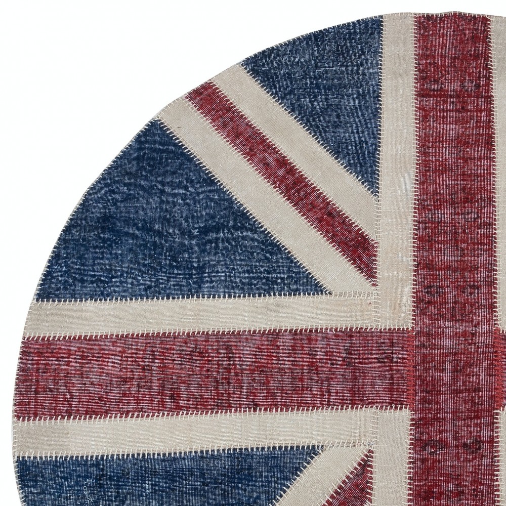 Round Handmade Patchwork Rug in Dark Blue, Red & Beige. Union Jack British Flag Design Carpet. Circle Wall Hanging