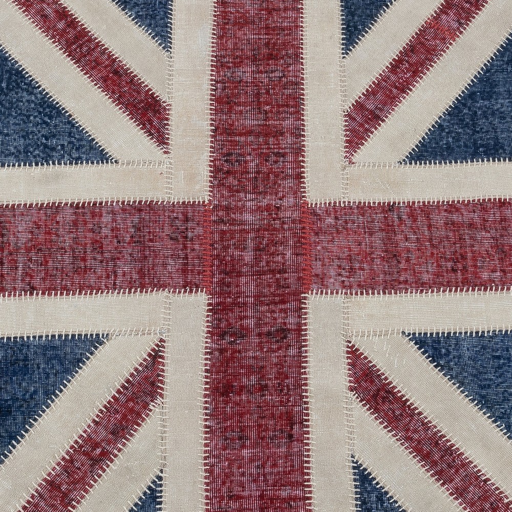 Round Handmade Patchwork Rug in Dark Blue, Red & Beige. Union Jack British Flag Design Carpet. Circle Wall Hanging