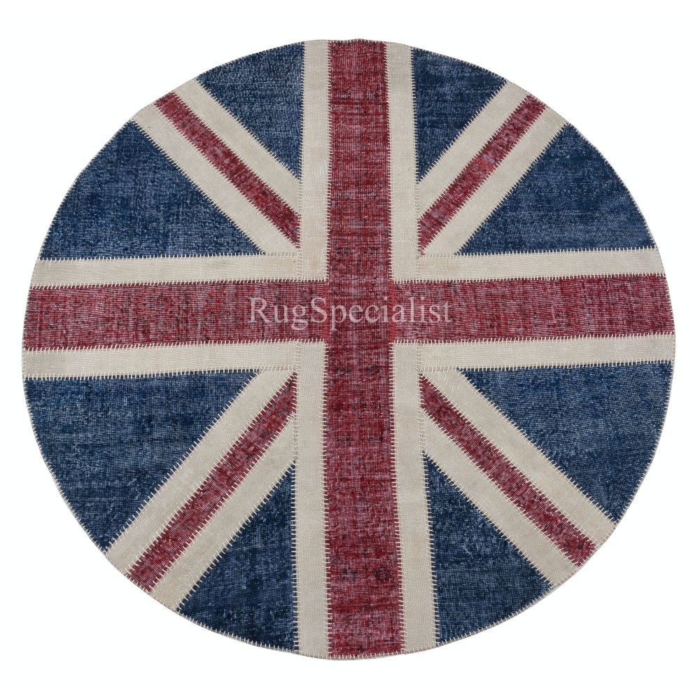 Round Handmade Patchwork Rug in Dark Blue, Red & Beige. Union Jack British Flag Design Carpet. Circle Wall Hanging