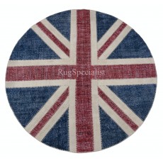 Round Handmade Patchwork Rug in Dark Blue, Red & Beige. Union Jack British Flag Design Carpet. Circle Wall Hanging
