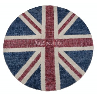 Round Handmade Patchwork Rug in Dark Blue, Red & Beige. Union Jack British Flag Design Carpet. Circle Wall Hanging