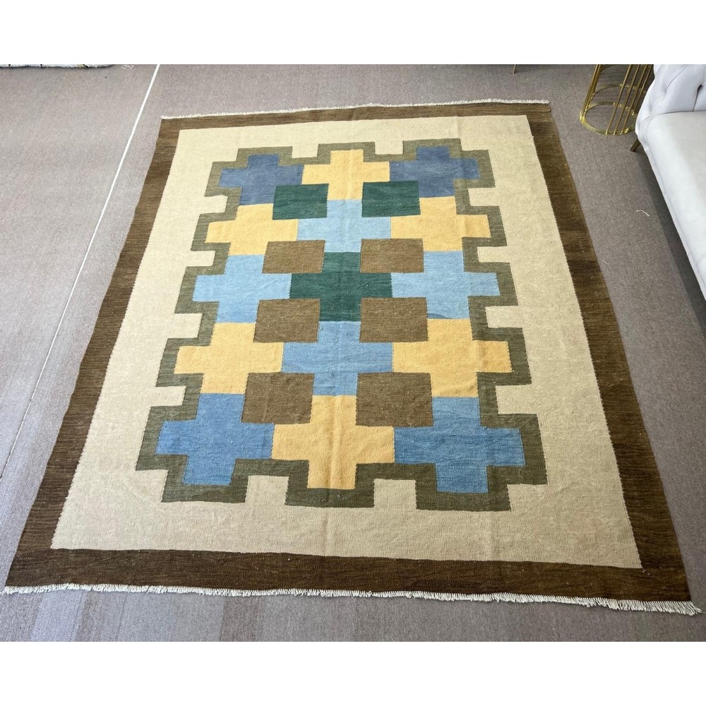 Modern Handmade Scandinavian Kilim Rug 'Flat Weave' with Geometric Patterns, 100% Wool
