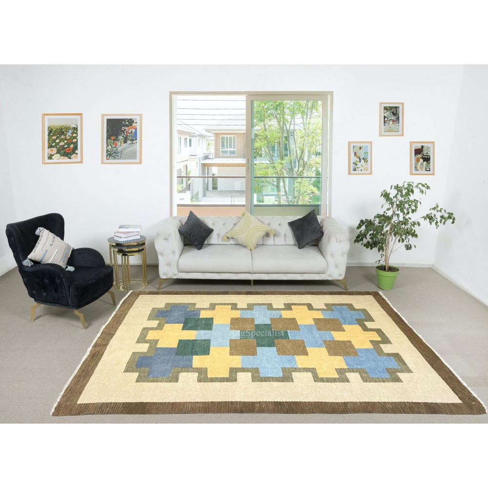 Modern Handmade Scandinavian Kilim Rug 'Flat Weave' with Geometric Patterns, 100% Wool