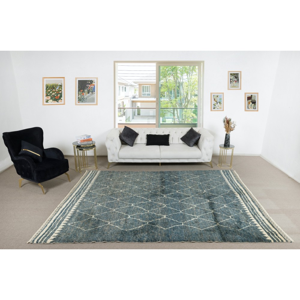 Modern Handmade Moroccan Berber Tulu Rug in Blue and Cream. Custom Options Available