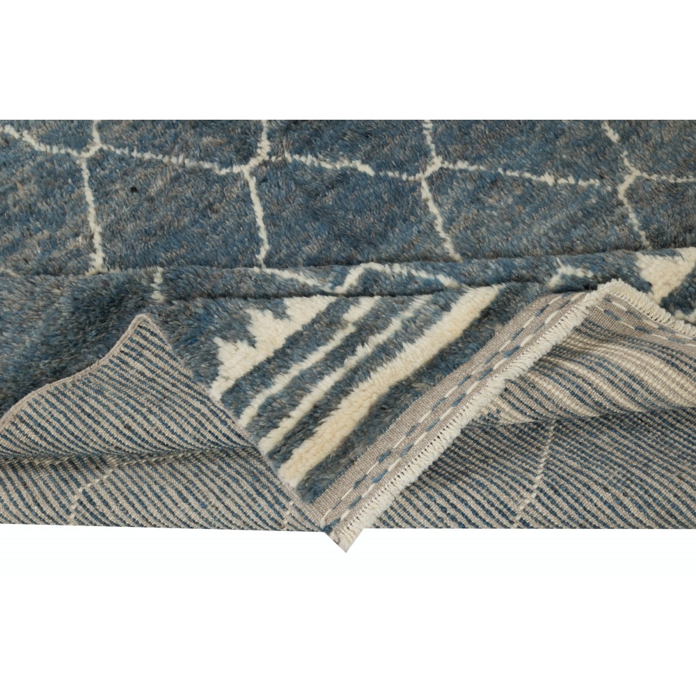 Modern Handmade Moroccan Berber Tulu Rug in Blue and Cream. Custom Options Available