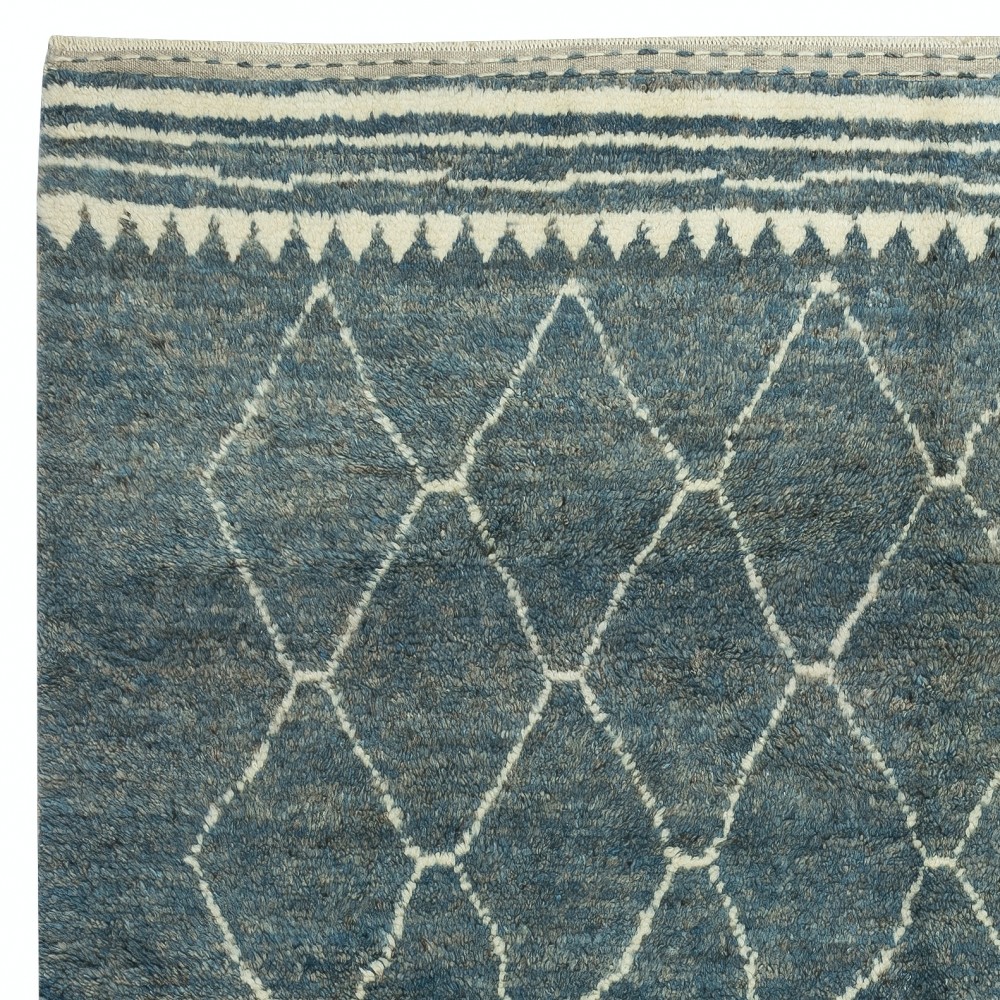 Modern Handmade Moroccan Berber Tulu Rug in Blue and Cream. Custom Options Available