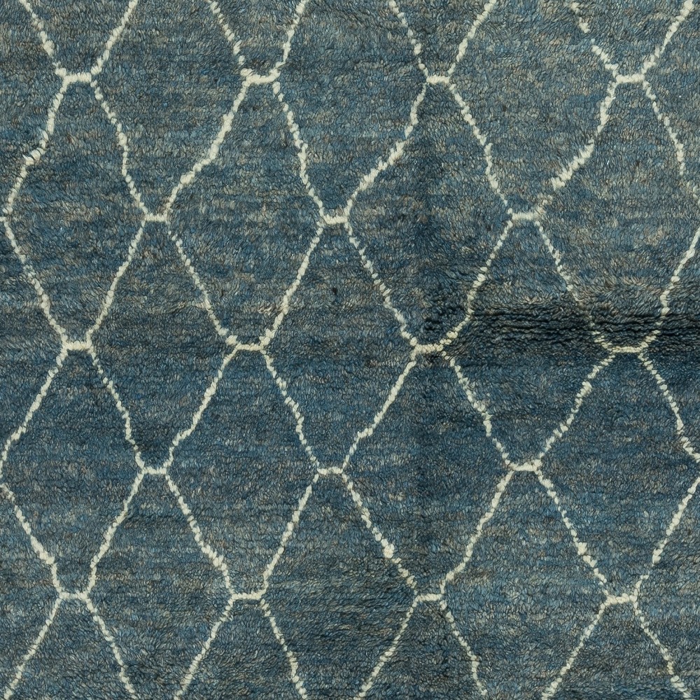 Modern Handmade Moroccan Berber Tulu Rug in Blue and Cream. Custom Options Available
