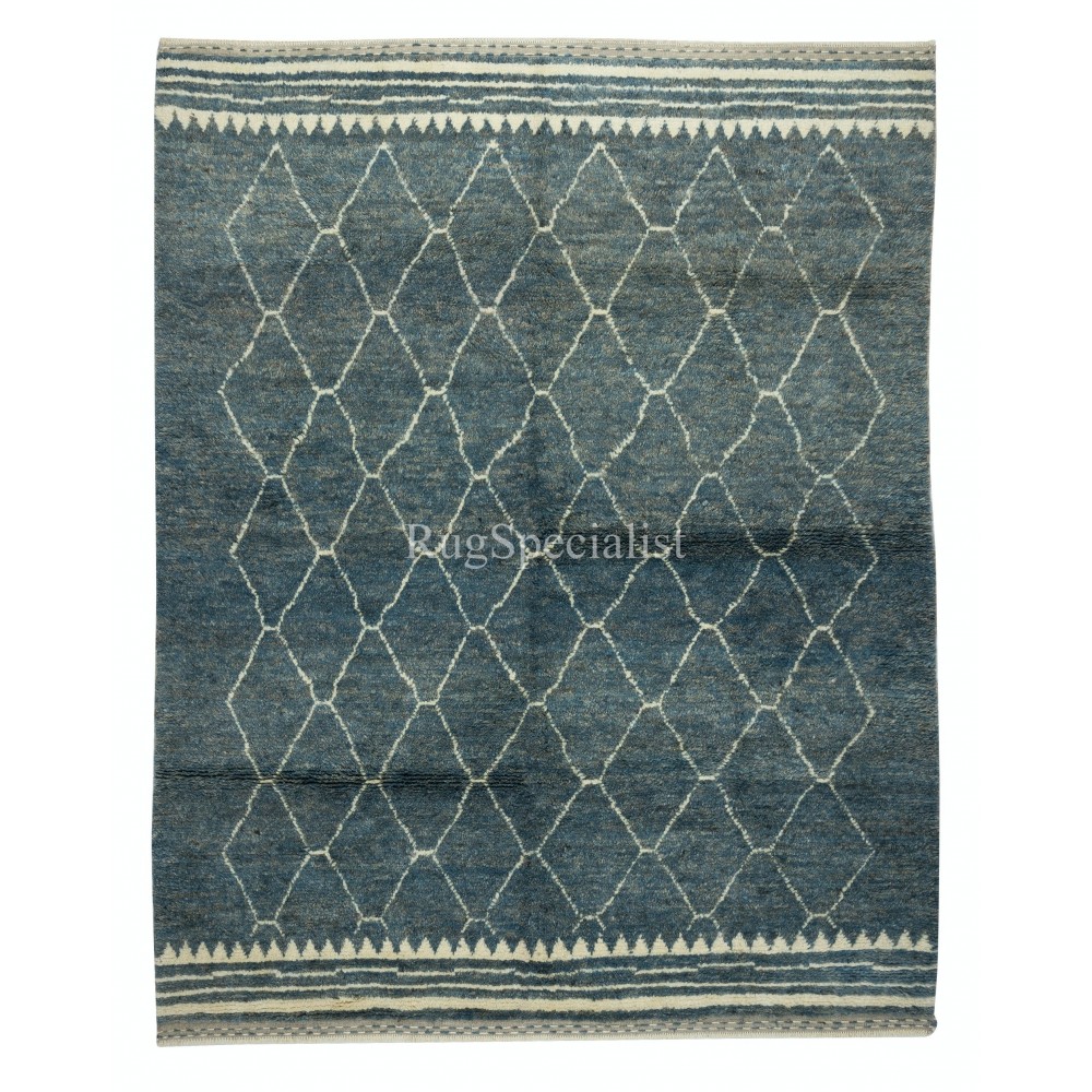 Modern Handmade Moroccan Berber Tulu Rug in Blue and Cream. Custom Options Available