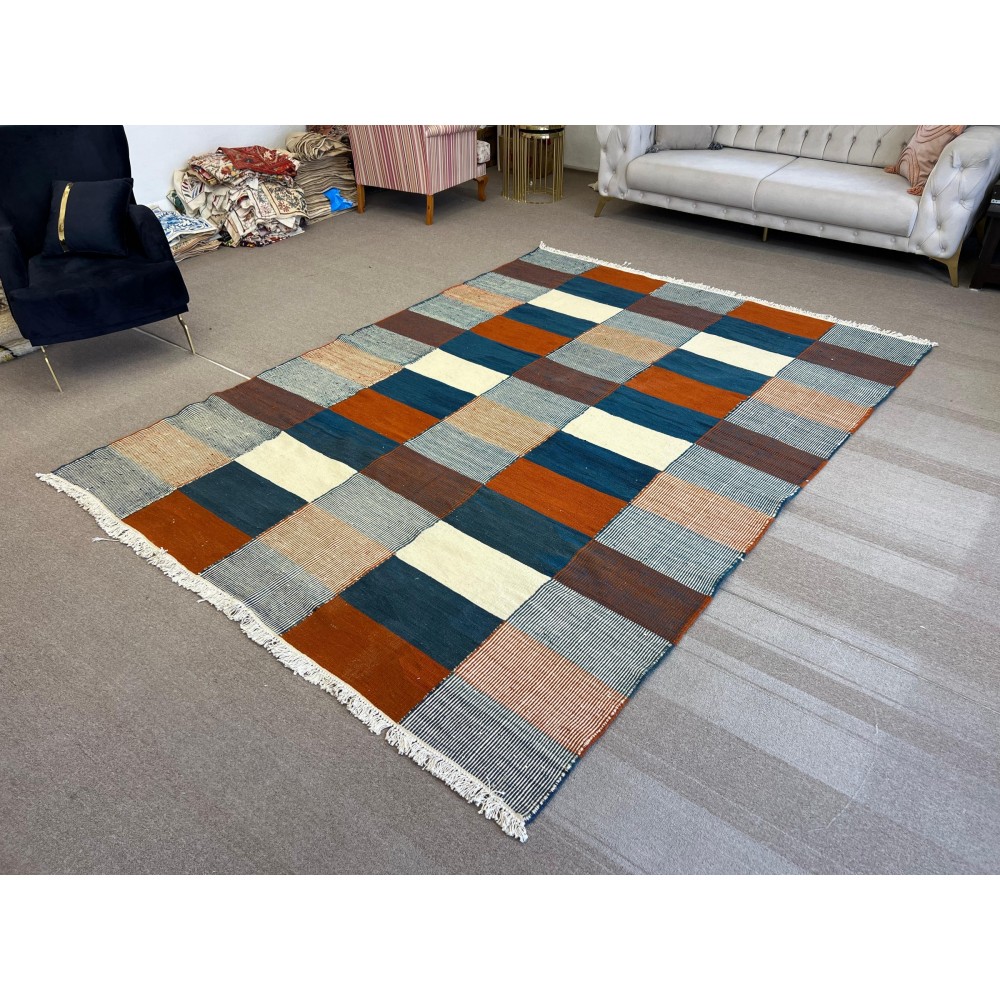 Modern Handmade Scandinavian Kilim Rug 'Flat Weave' with Geometric Patterns, 100% Wool