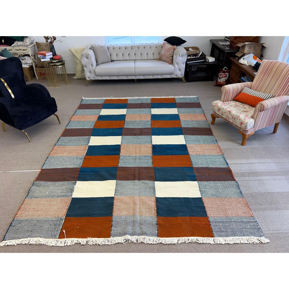 Modern Handmade Scandinavian Kilim Rug 'Flat Weave' with Geometric Patterns, 100% Wool