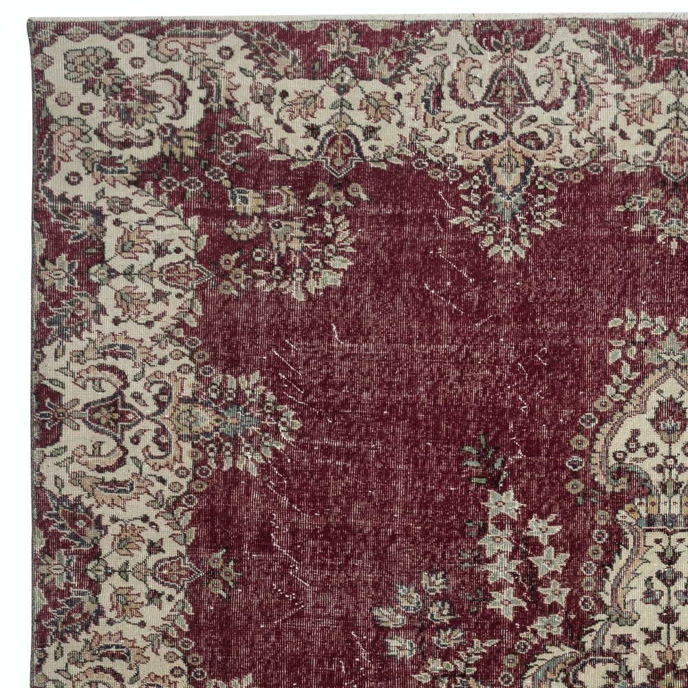 One of a kind Vintage Handmade Turkish Large Rug, Maroon Red 1960s Carpet with Medallion Design