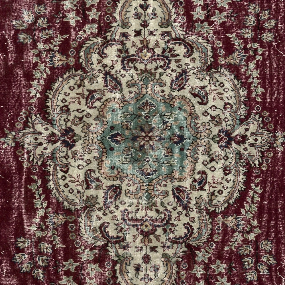 One of a kind Vintage Handmade Turkish Large Rug, Maroon Red 1960s Carpet with Medallion Design