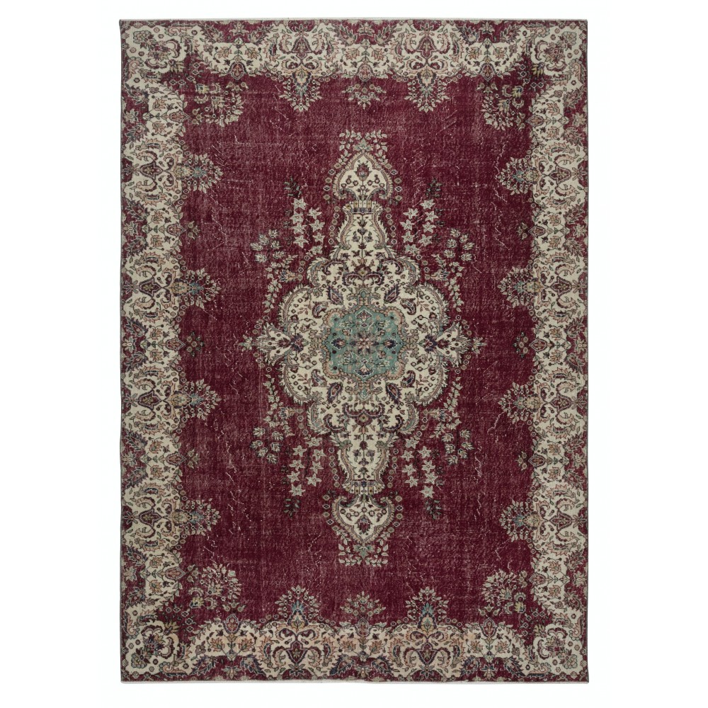 One of a kind Vintage Handmade Turkish Large Rug, Maroon Red 1960s Carpet with Medallion Design