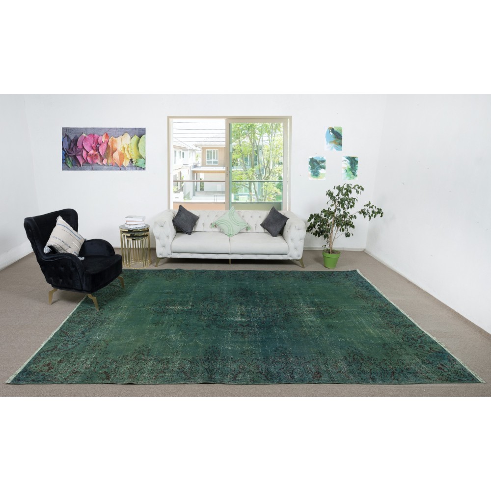 Dark Green Color Handmade Large Area Rug, Contemporary Turkish Carpet
