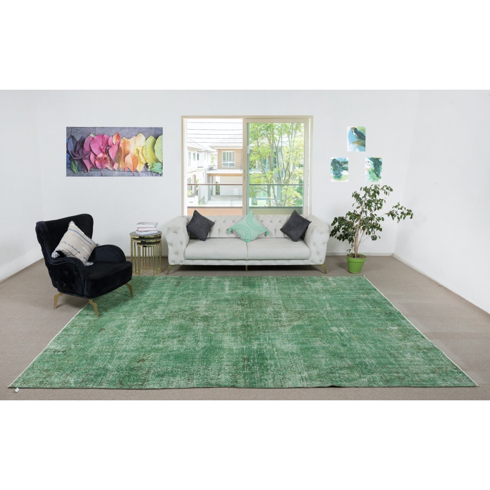 Hand-Made Floor Rug from Turkey. Green Color Re-Dyed Area Rug