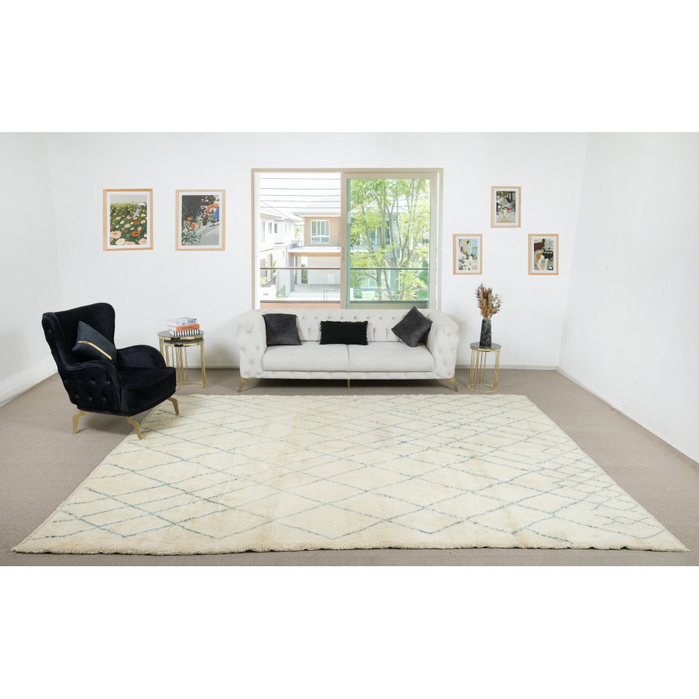 Moroccan Tulu Rug in Beige and Teal Blue Colors, 100% Wool, Beni Ourain Carpet