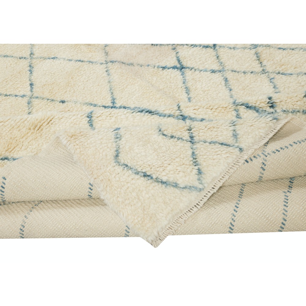 Moroccan Tulu Rug in Beige and Teal Blue Colors, 100% Wool, Beni Ourain Carpet