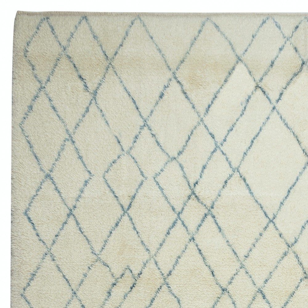 Moroccan Tulu Rug in Beige and Teal Blue Colors, 100% Wool, Beni Ourain Carpet