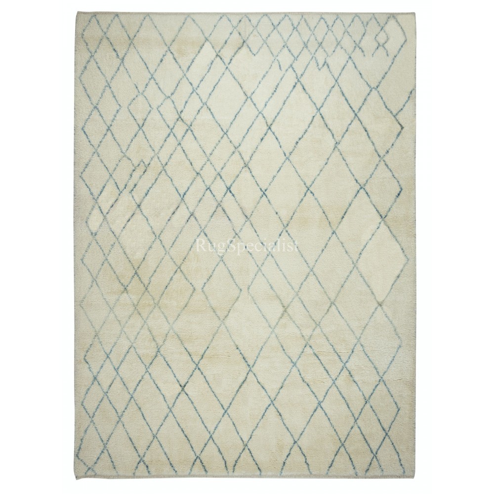 Moroccan Tulu Rug in Beige and Teal Blue Colors, 100% Wool, Beni Ourain Carpet