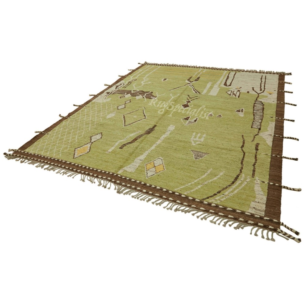 Modern Handmade Tulu Rug in Green, Brown and Beige Colors, 100% Wool