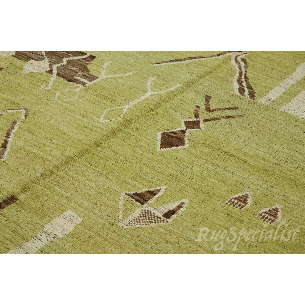 Modern Handmade Tulu Rug in Green, Brown and Beige Colors, 100% Wool