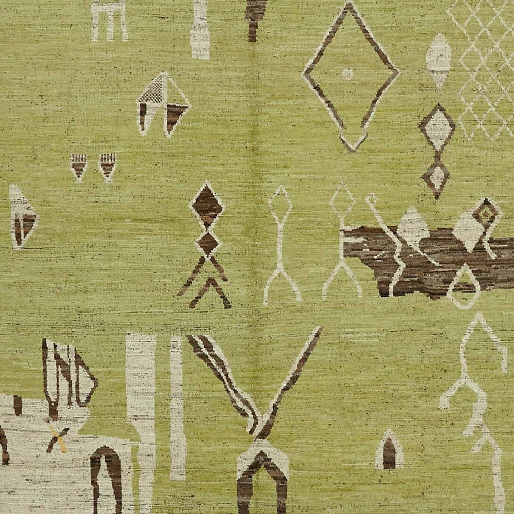 Modern Handmade Tulu Rug in Green, Brown and Beige Colors, 100% Wool