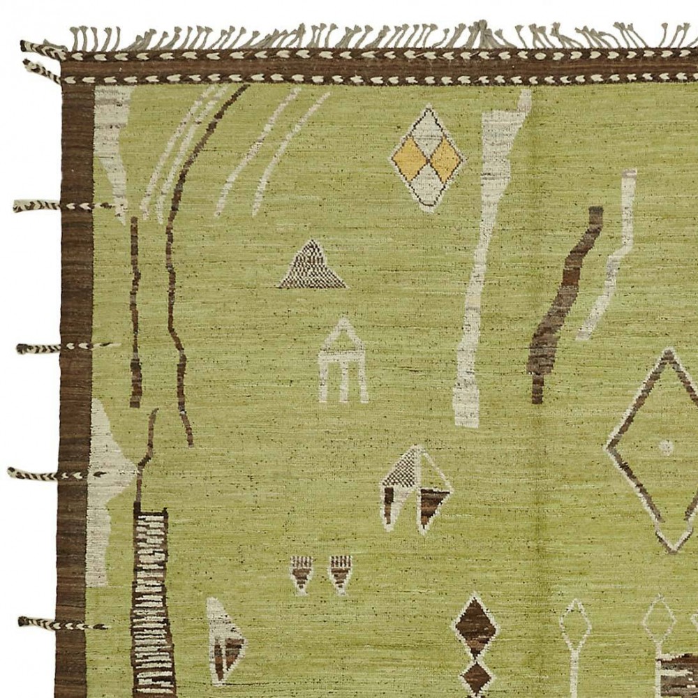 Modern Handmade Tulu Rug in Green, Brown and Beige Colors, 100% Wool