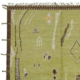 Modern Handmade Tulu Rug in Green, Brown and Beige Colors, 100% Wool