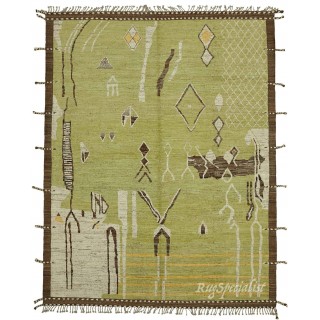 Modern Handmade Tulu Rug in Green, Brown and Beige Colors, 100% Wool