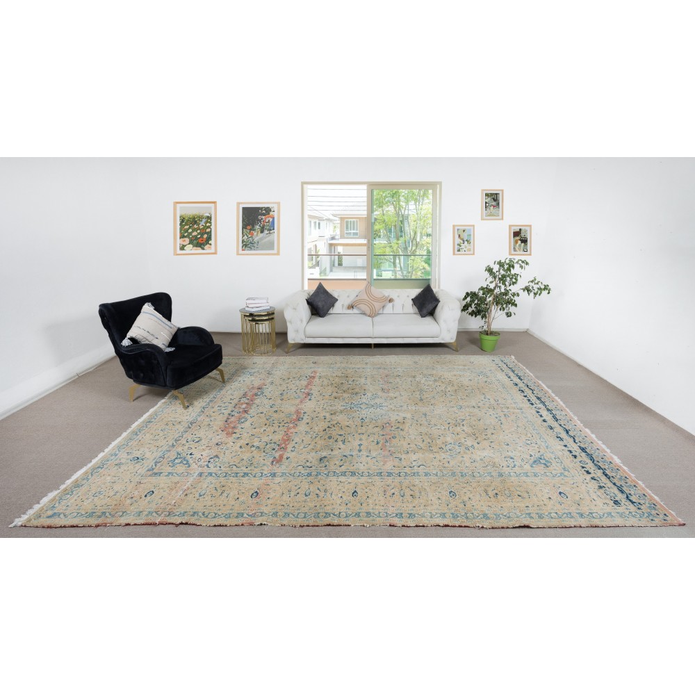 One of a kind Vintage Beige Large Area Rug, Sun Faded Handmade Turkish Carpet