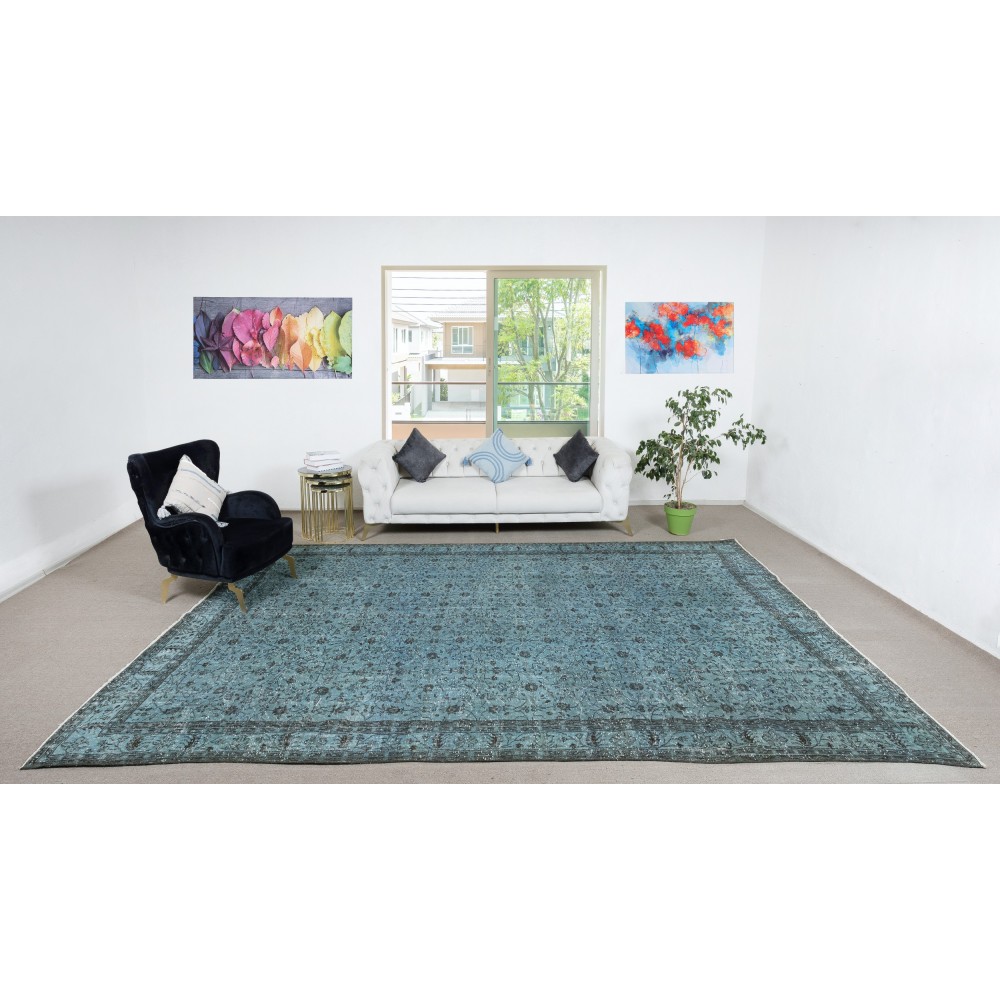 Modern Floral Patterned Area Rug in Blue, Hand-woven and Hand-knotted in Turkey