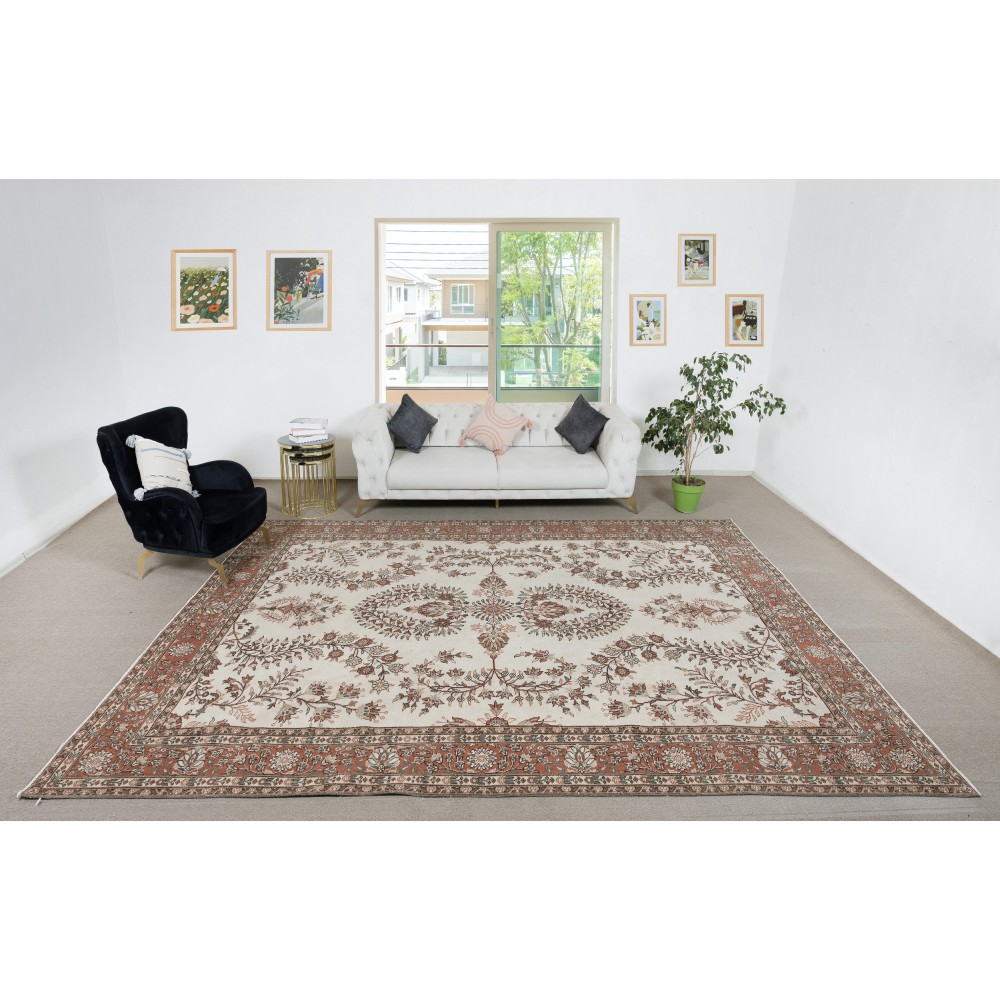 One of a kind Vintage Large Area Rug in Beige and Red Color. Handmade Turkish Carpet with Floral Design