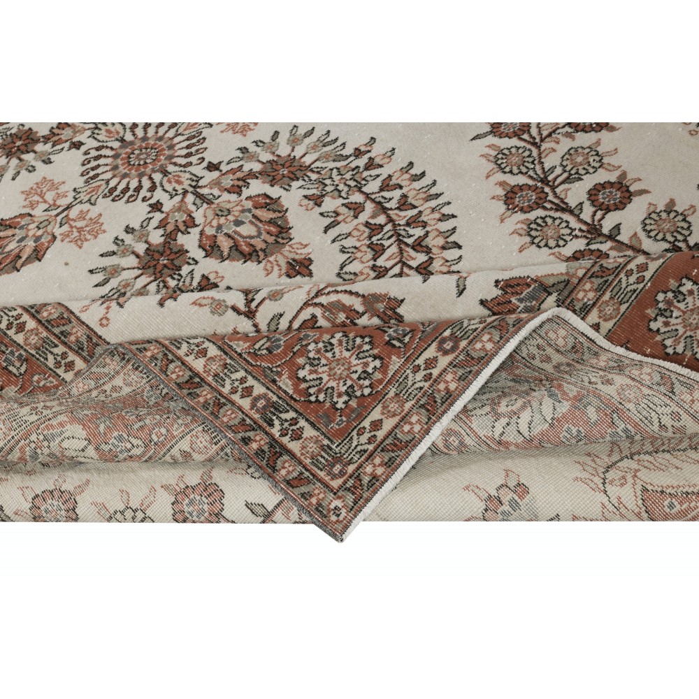 One of a kind Vintage Large Area Rug in Beige and Red Color. Handmade Turkish Carpet with Floral Design
