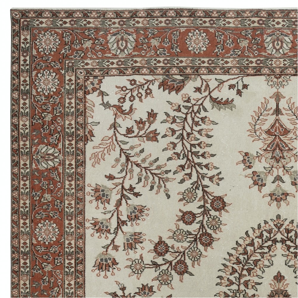 One of a kind Vintage Large Area Rug in Beige and Red Color. Handmade Turkish Carpet with Floral Design