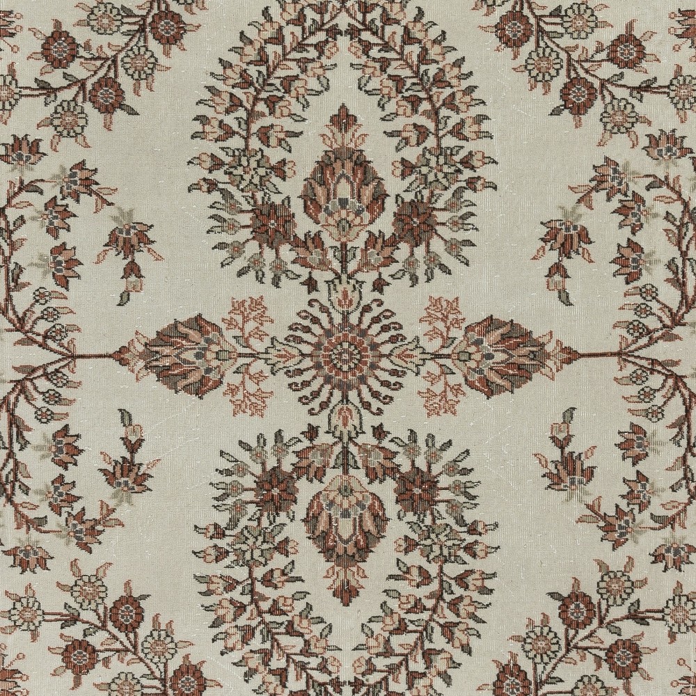 One of a kind Vintage Large Area Rug in Beige and Red Color. Handmade Turkish Carpet with Floral Design