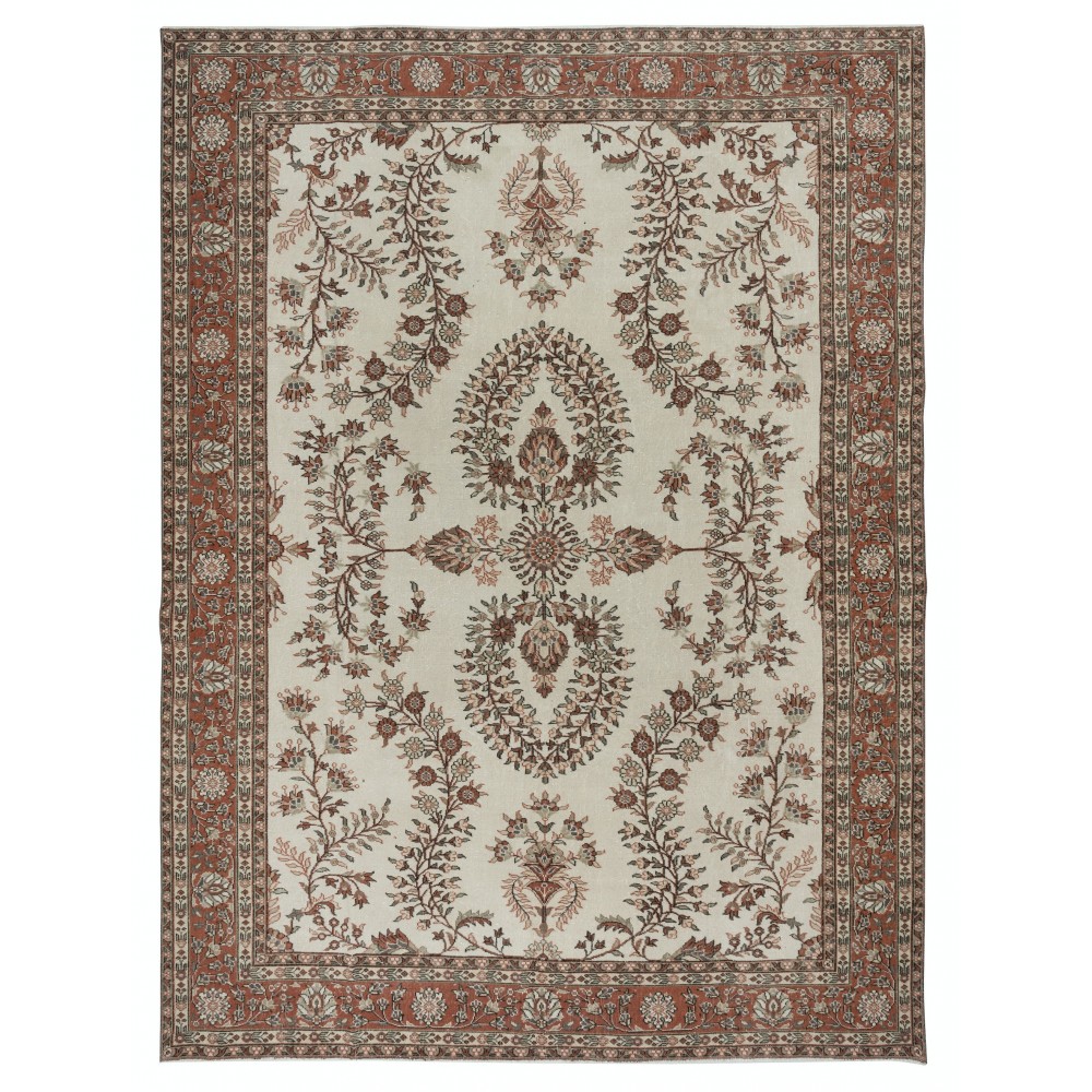 One of a kind Vintage Large Area Rug in Beige and Red Color. Handmade Turkish Carpet with Floral Design