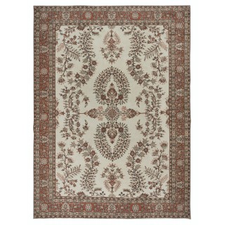 One of a kind Vintage Large Area Rug in Beige and Red Color. Handmade Turkish Carpet with Floral Design