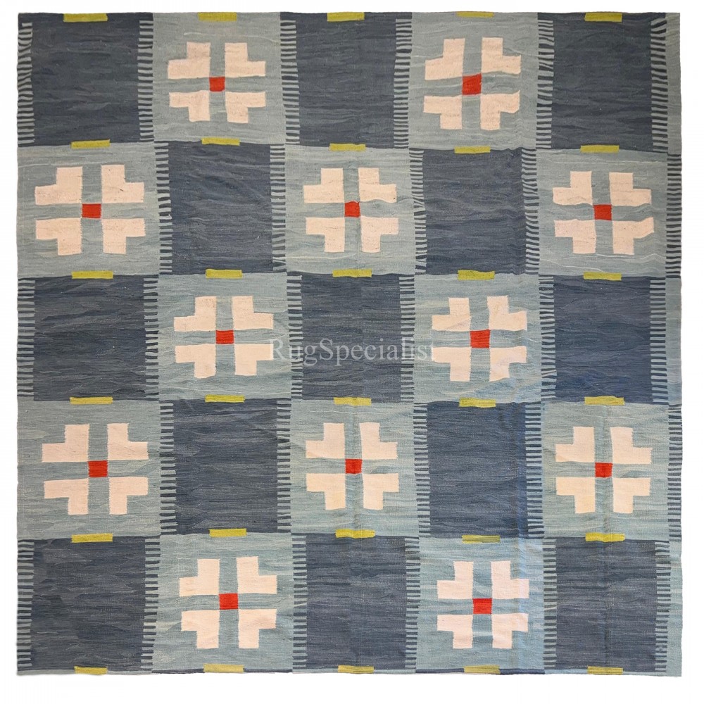 Handwoven Scandinavian Blue Kilim, 100% Wool. Modern High Quality Flat-Weave Rug