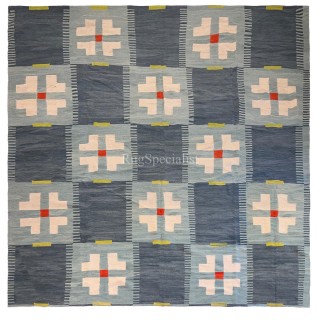 Handwoven Scandinavian Blue Kilim, 100% Wool. Modern High Quality Flat-Weave Rug