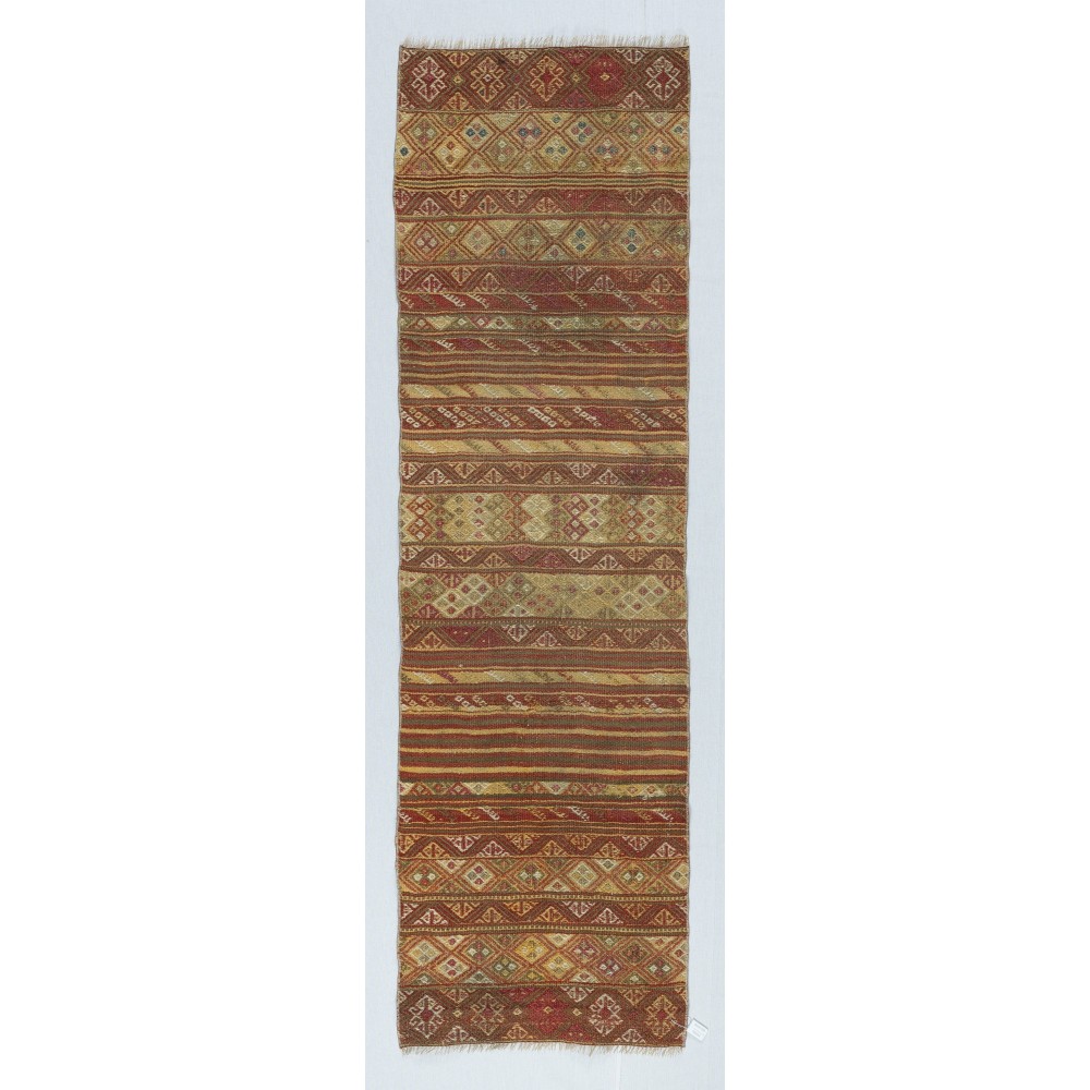 Hand-Woven Turkish Runner Kilim for Kitchen. 100% Wool. Vintage Flat-Weave Hallway Rug. Colorful Entryway Rug