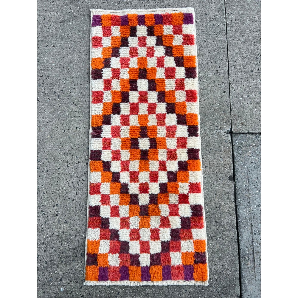 Vintage Handmade Turkish Tulu Rug with Checkered Design. Custom Options Available