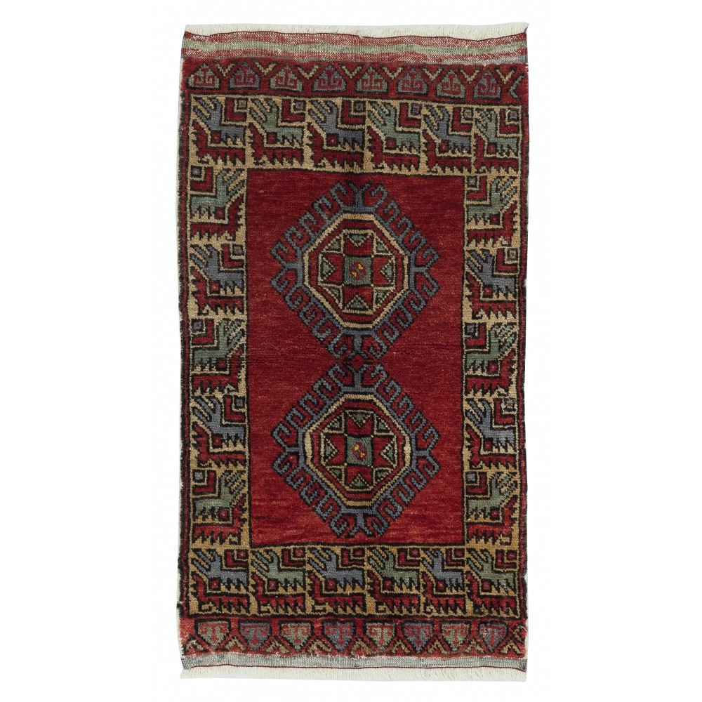 One-of-a-kind Vintage Handknotted Turkish Accent Rug in Dark Red, 100% Wool