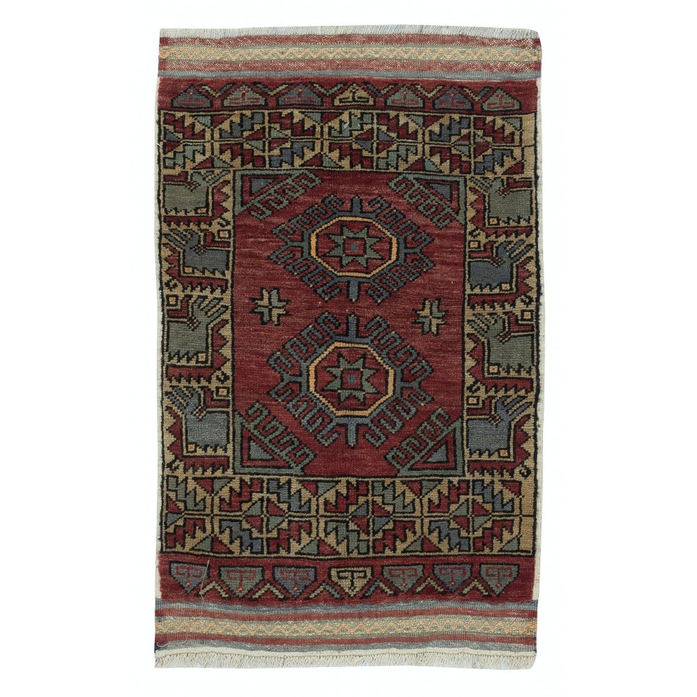 One-of-a-kind Vintage Handknotted Turkish Accent Rug in Dark Red Color