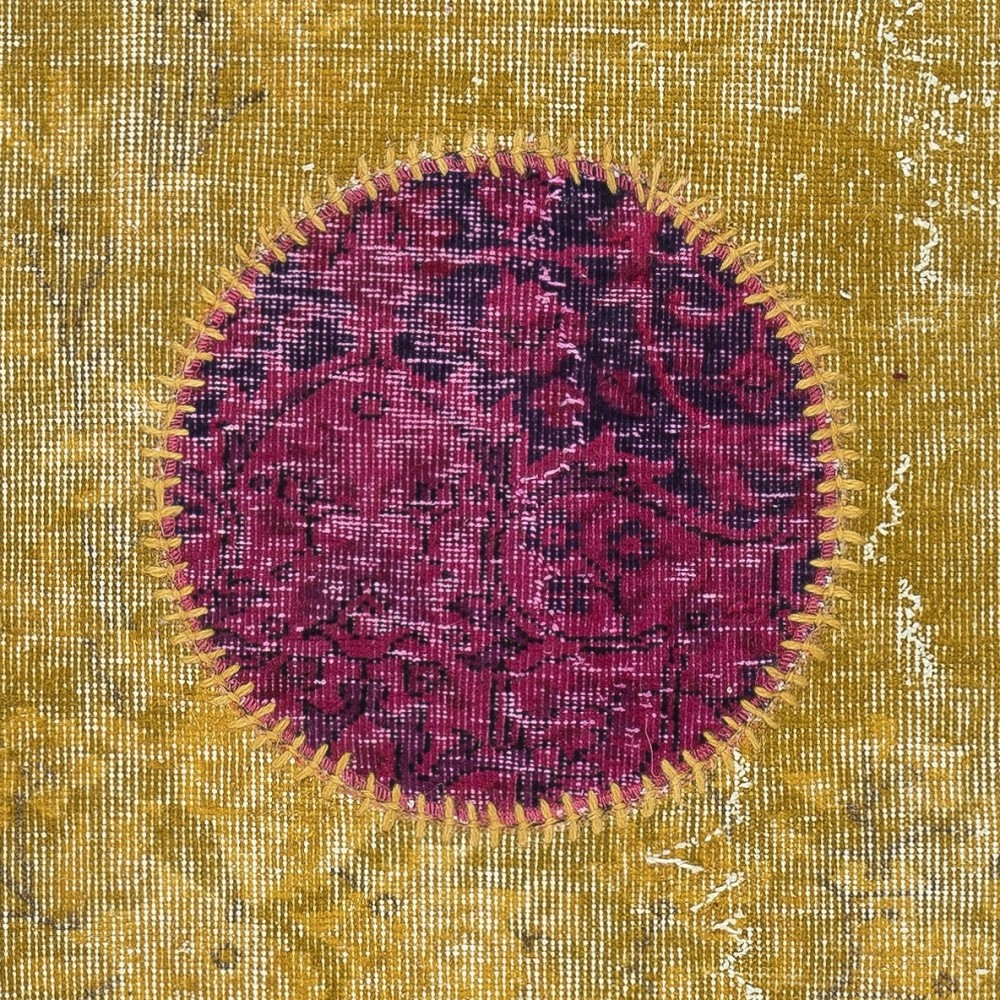Modern Turkish Patchwork Rug in Yellow Color. Handmade Colorful Circle Door Mat